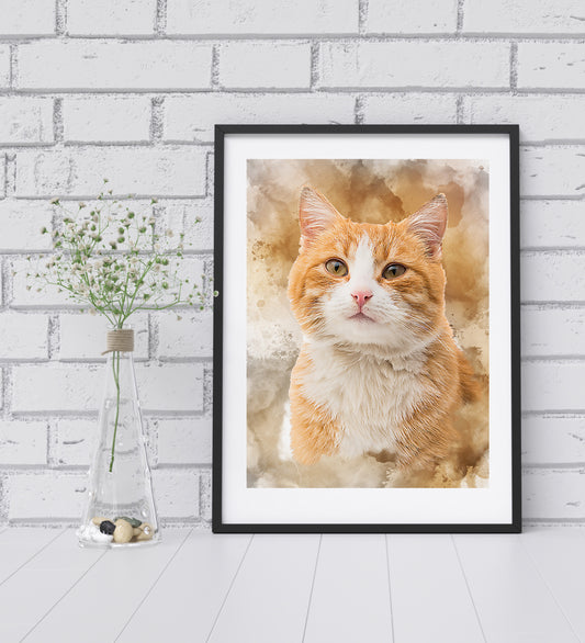 Watercolour Art Cat Portrait from Your Photo - Personalised Pet Cat Portrait
