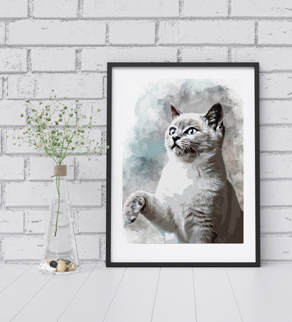 Watercolour Art Cat Portrait from Your Photo - Personalised Pet Cat Portrait